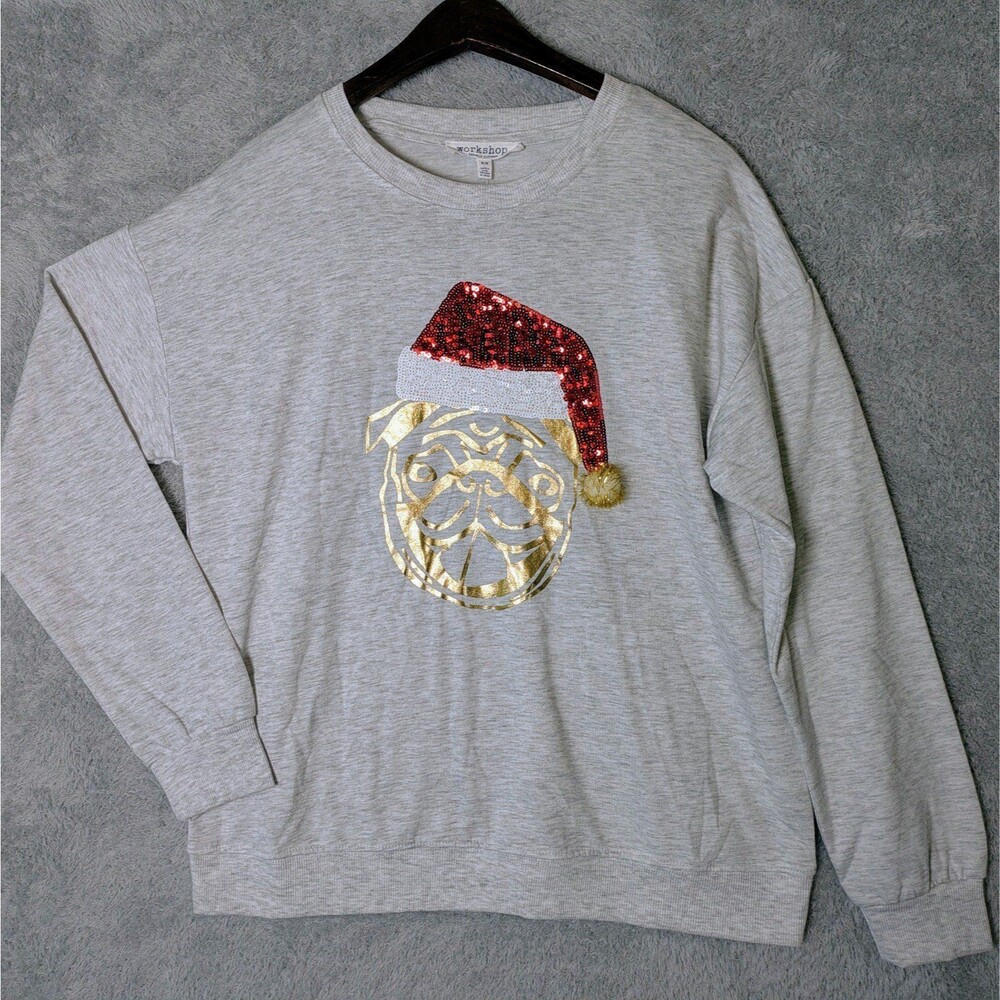 NWT Gray Sequin Santa Pug Sweatshirt Size Medium Christmas Cute Graphic Gold